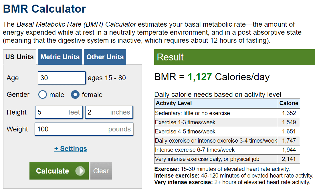 BMR calculator example.